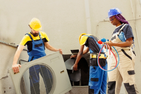 HVAC technicians tending to electrical issues of air conditioner