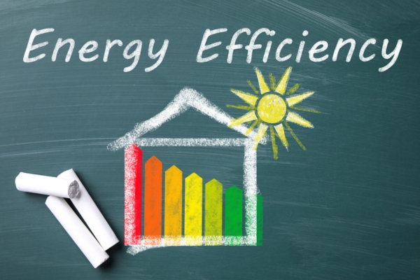 energy efficiency phrase and symbol on a chalkboard depicting advantage of ductless AC
