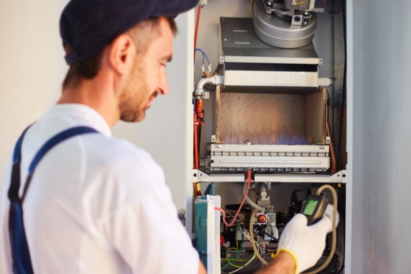 HVAC technician checking furnace ignition