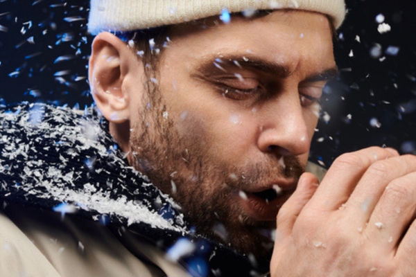 man trying to keep warm in the middle of a snowstorm
