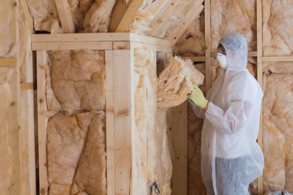 Worker filling walls with insulation materials