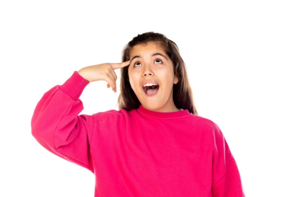 young girl wearing pink sweater thinking with point finger on right temple depicting what you need to know about propane fuel efficiency