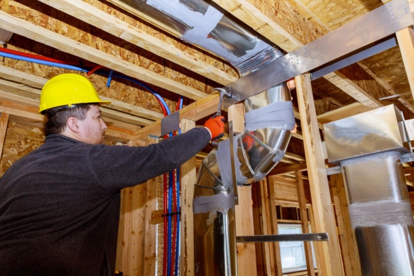 HVAC technician fixing ductwork system