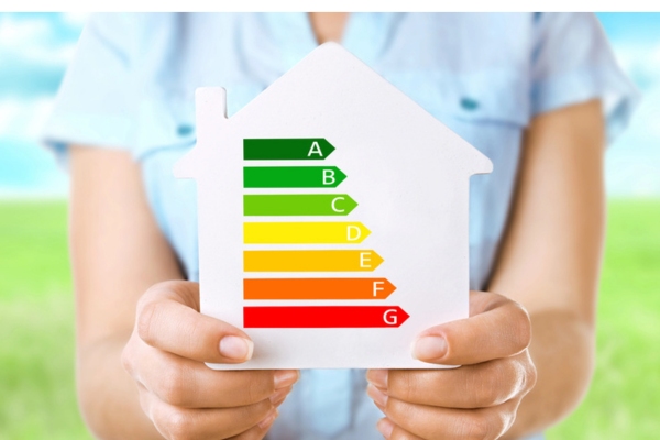 cropped view of a woman holding a cutout house with energy efficiency meter