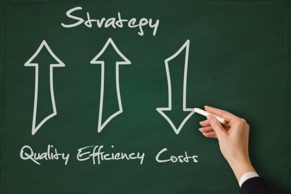 quality, efficiency, costs written on a chalkboard