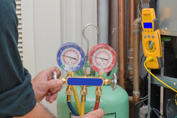 HVAC technician recharging AC refrigerant